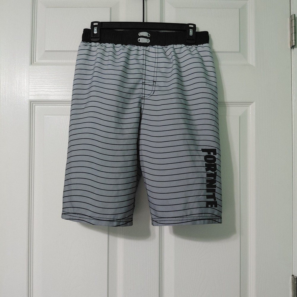 Fortnite Swim Trunks Board Shorts Gray Black Striped Boys Size XL Beach